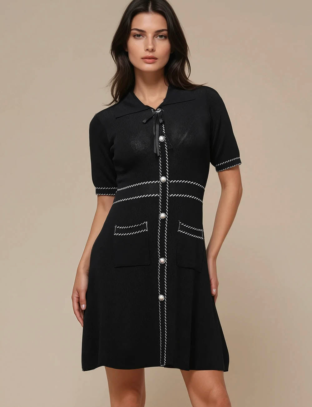 Ladies Turn Down Collar Short Sleeves Button Mini Dress SKD4039