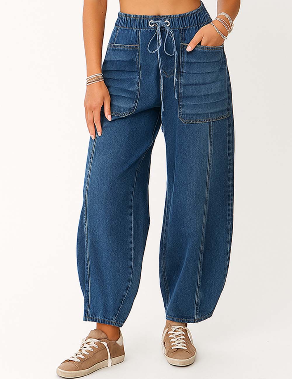 Ladies Elastic Waist String Tie Balloon Leg Denim Pants