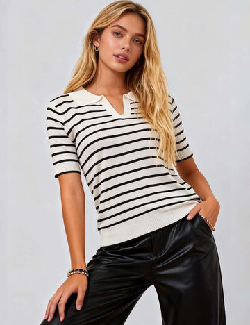 Ladies V-Neck Mid Sleeves Striped Knit Blouse SKT50152