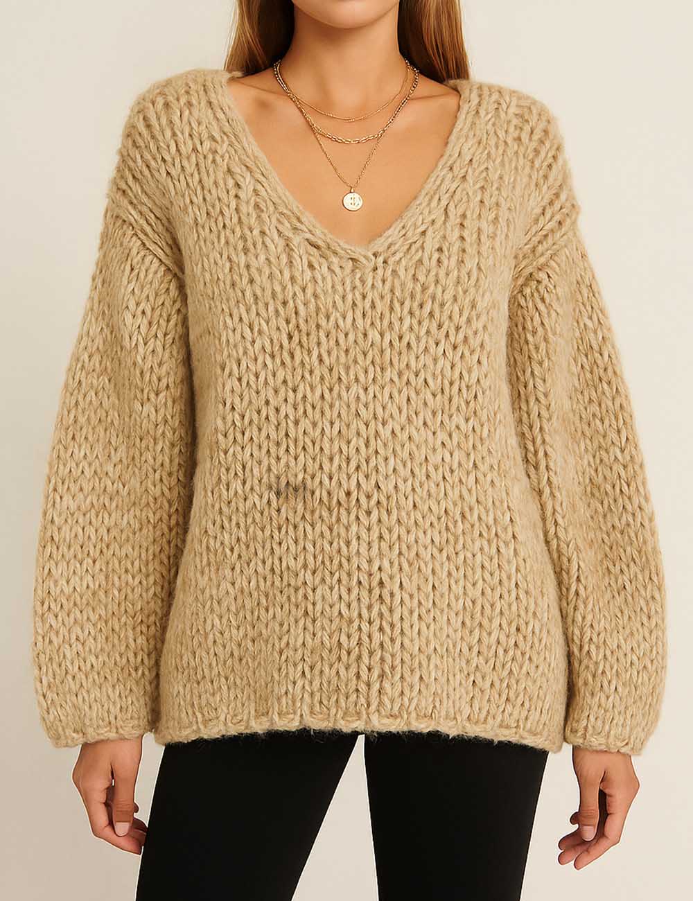 Ladies Basic V-Neck Dropped Shoulder Sleeves Knit Sweater