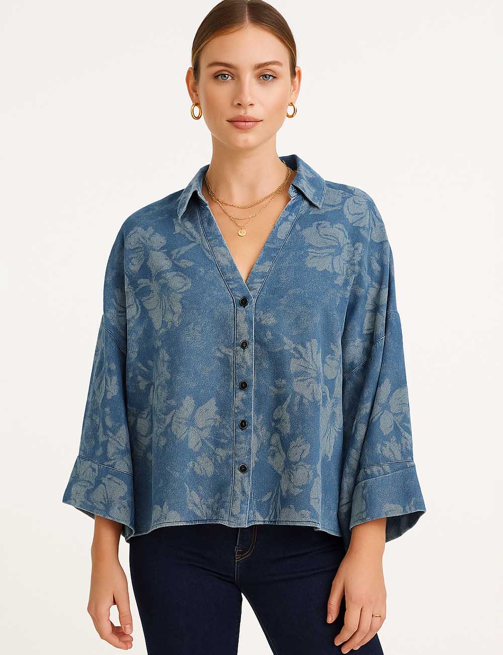 Ladies Floral Print Button Down Bell Sleeves Denim Shirt