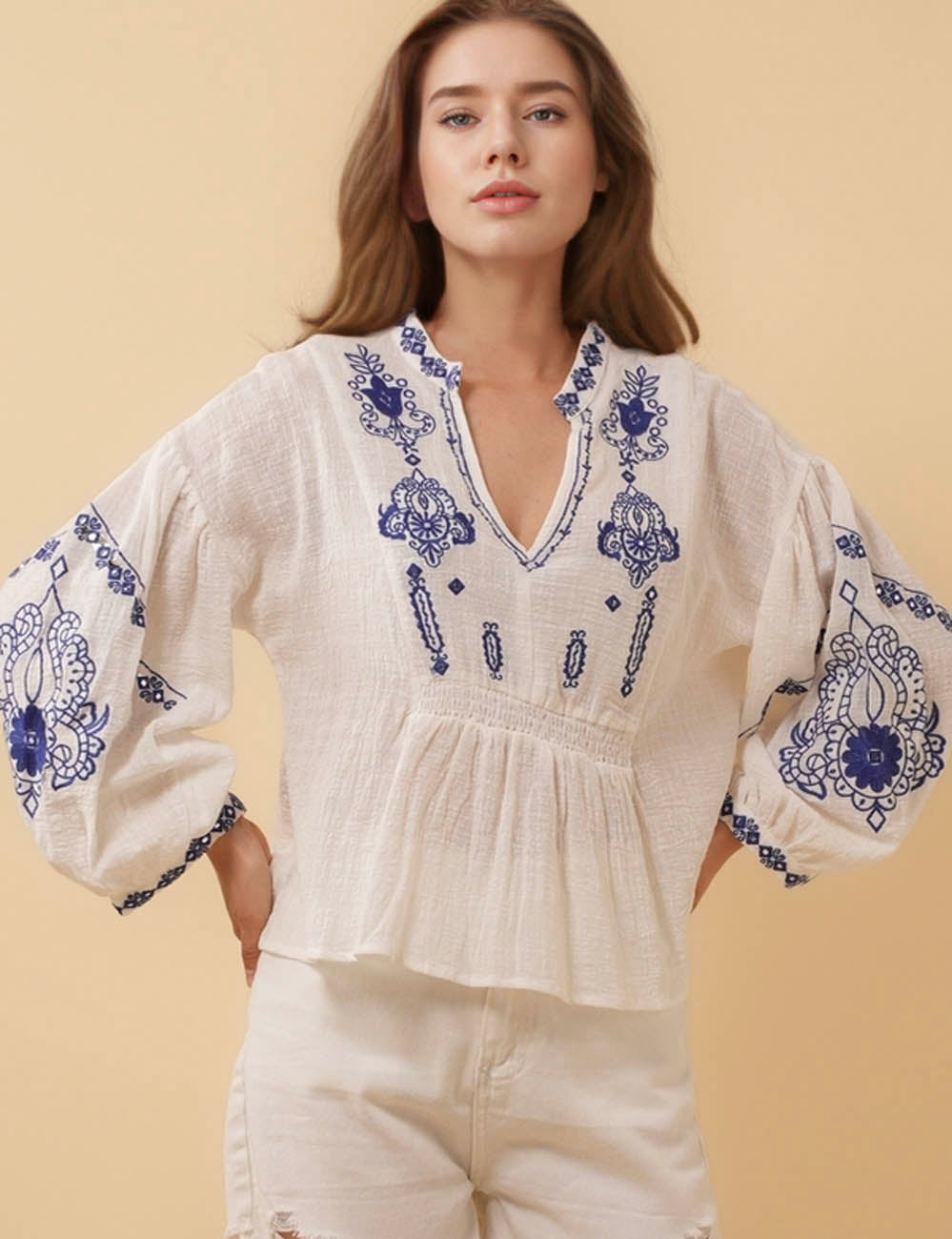 Ladies V-Neck Puff Sleeves Floral Embroidery Blouse 8SKT50726