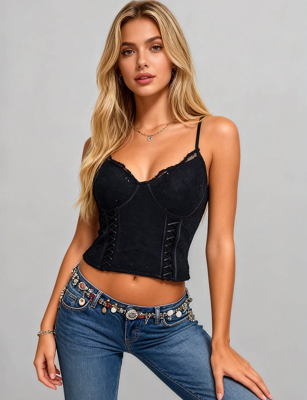 Ladied Sequin Lace Bustier Crisscross Padded Cami Top