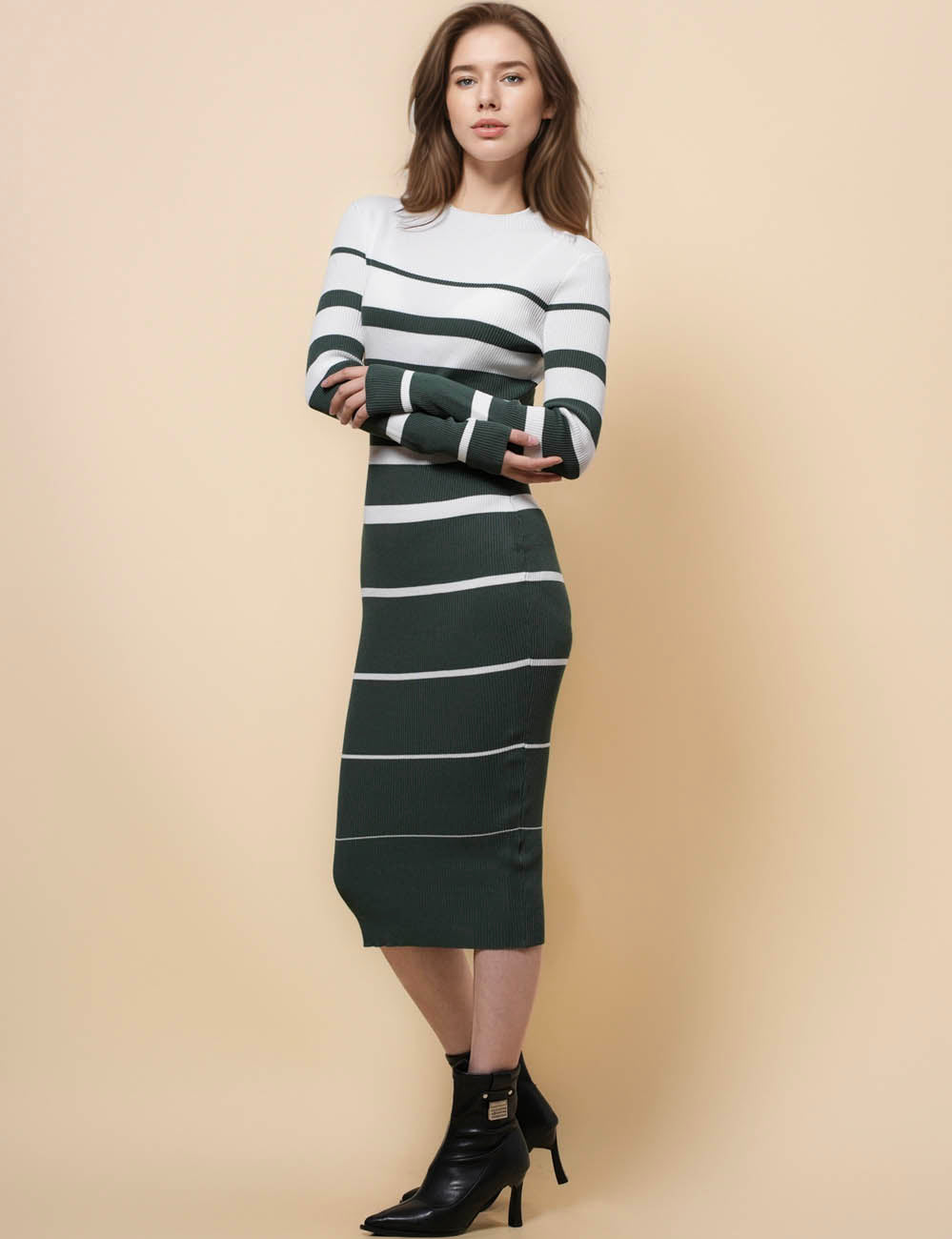 Ladies Stripe Color Block Sweater Midi Dress SKD41236