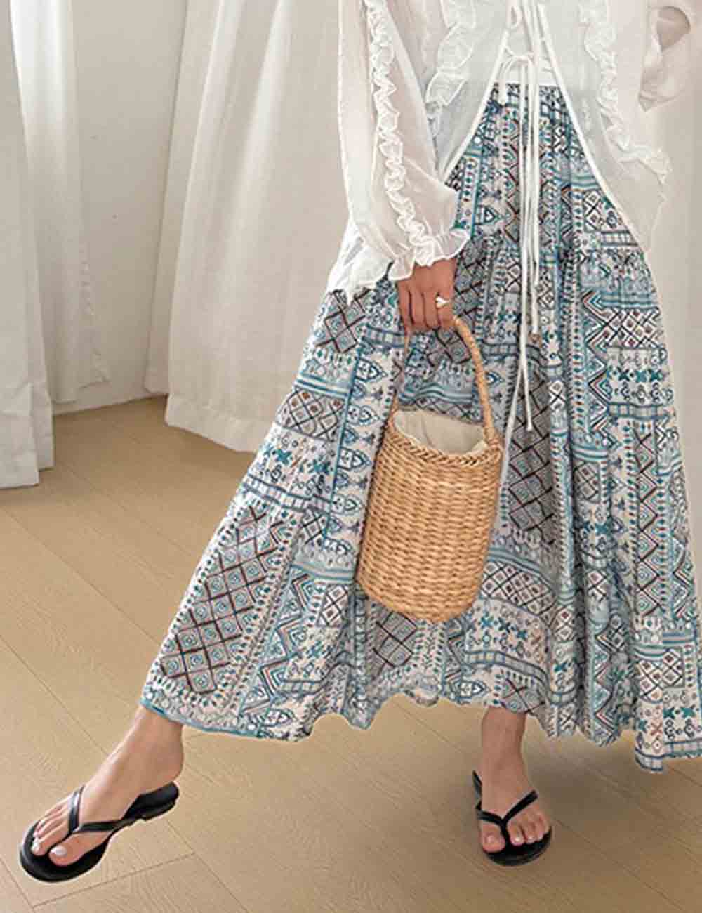 Ladies Abstract Print Tiered Maxi Skirt