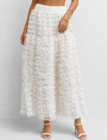 Ladies Elastic Waist Tiered Ruffle Gathered Mesh Maxi Skirt