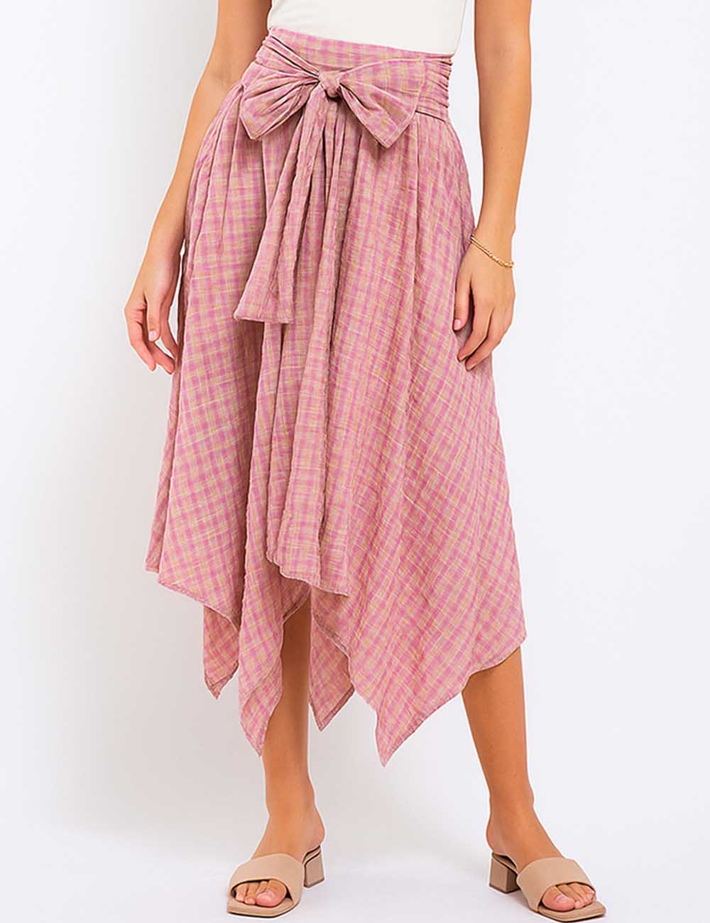 Ladies Multicolor Checked Bow Tie Irregular Hem Midi Skirt