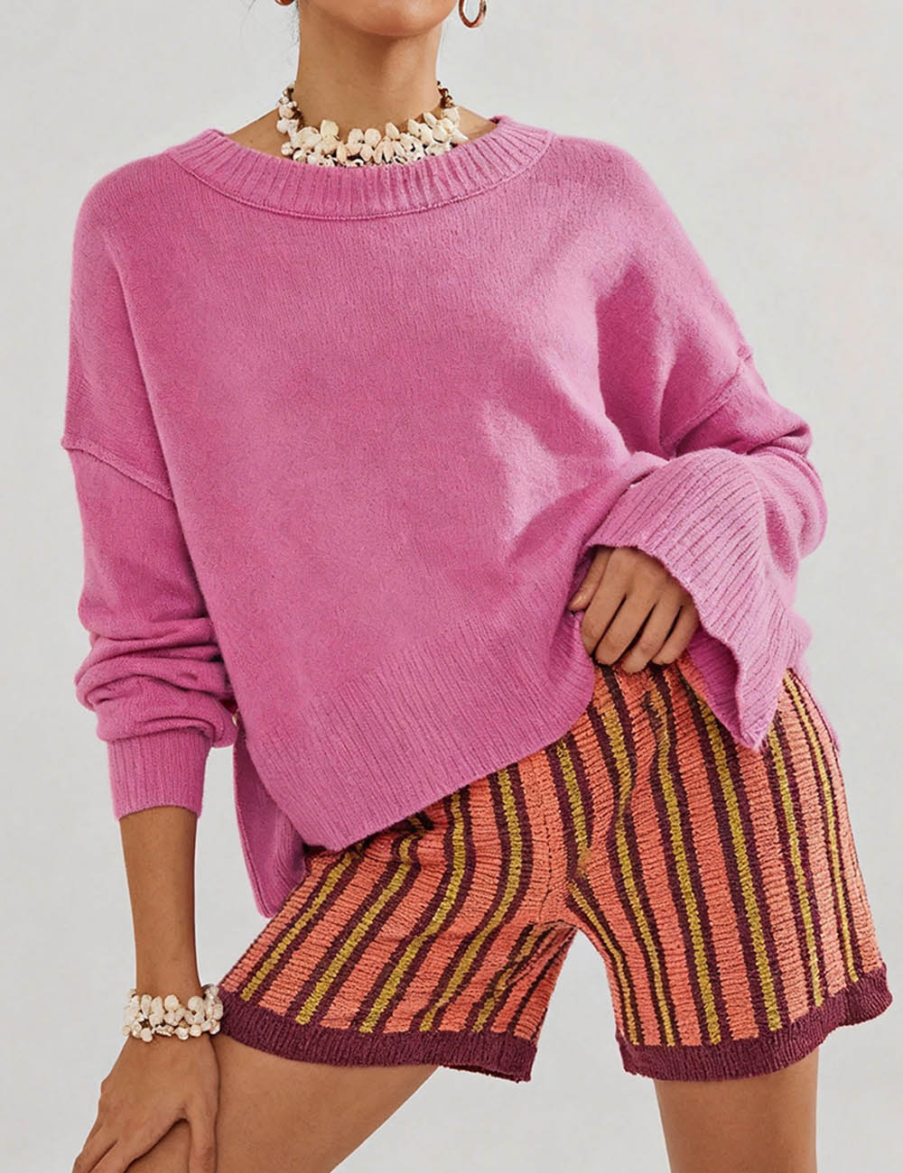 Ladies Solid Color Flared Sleeves Pullover Knit Sweater