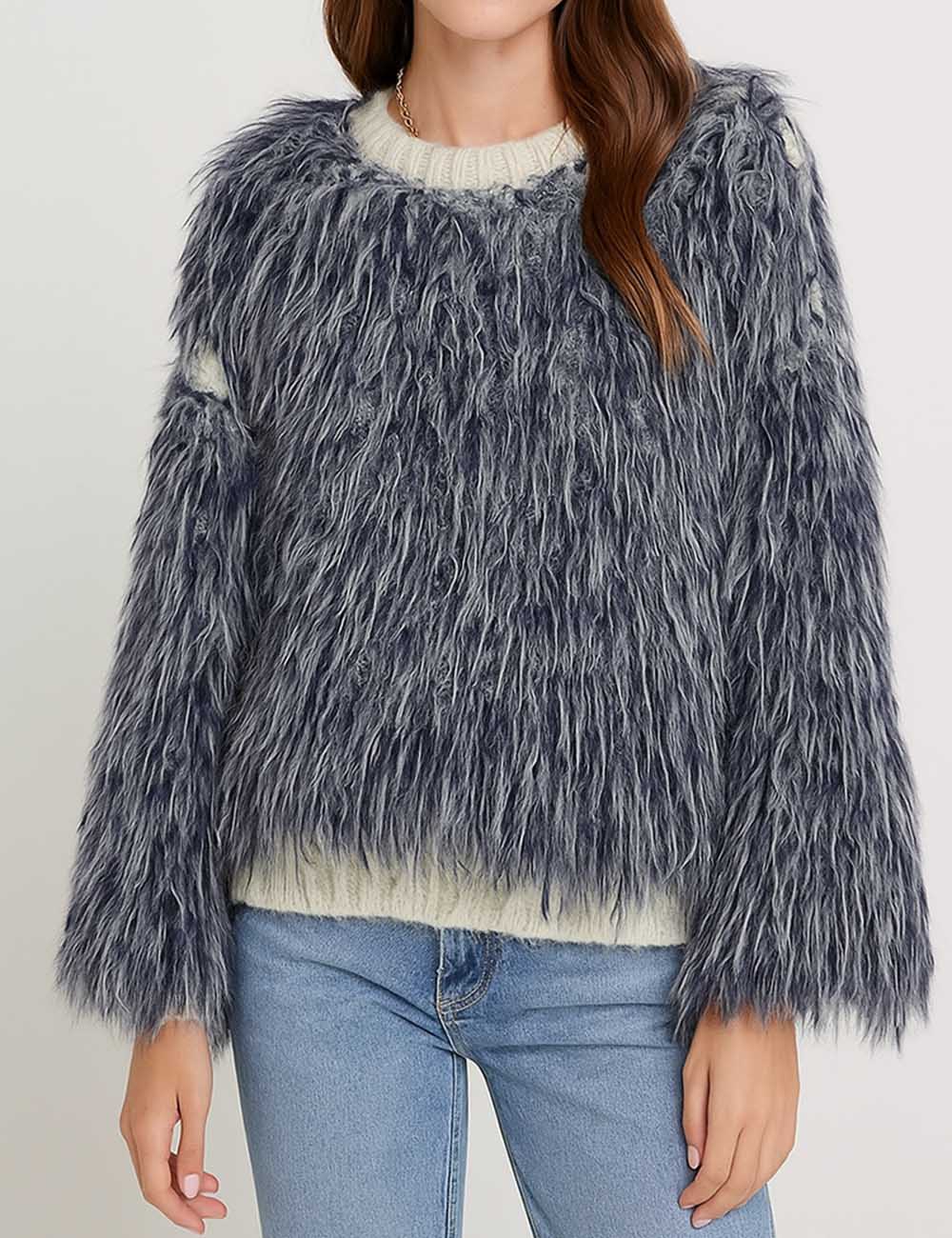 Ladies Faux Fur Fringe Round Neck Sweater Top