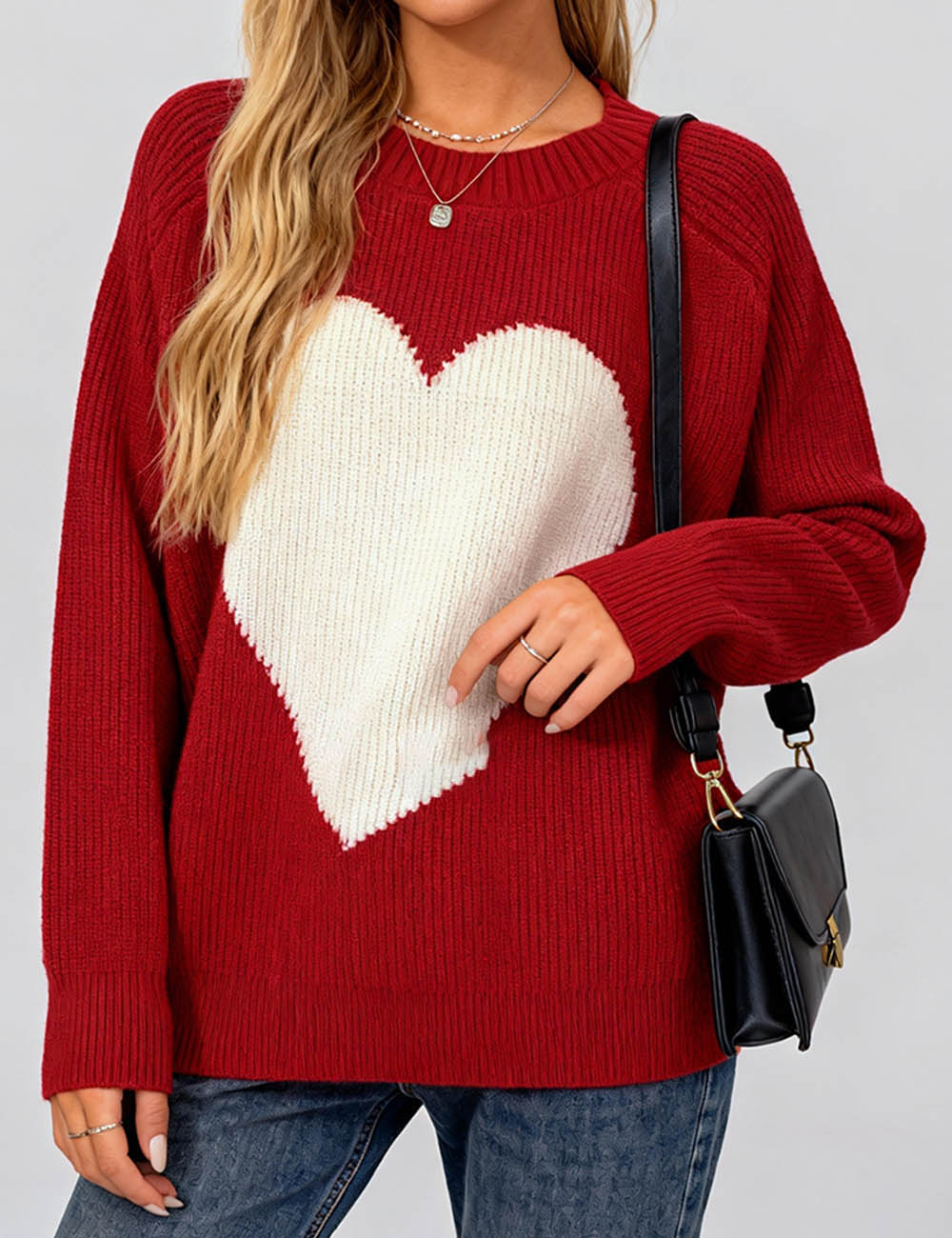 Ladies Valentine's Heart Color Block Round Neck Sweater