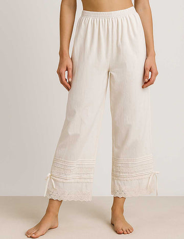 Ladies Solid Color Elastic Waist Eyelet Drawstring Bloomer Pants
