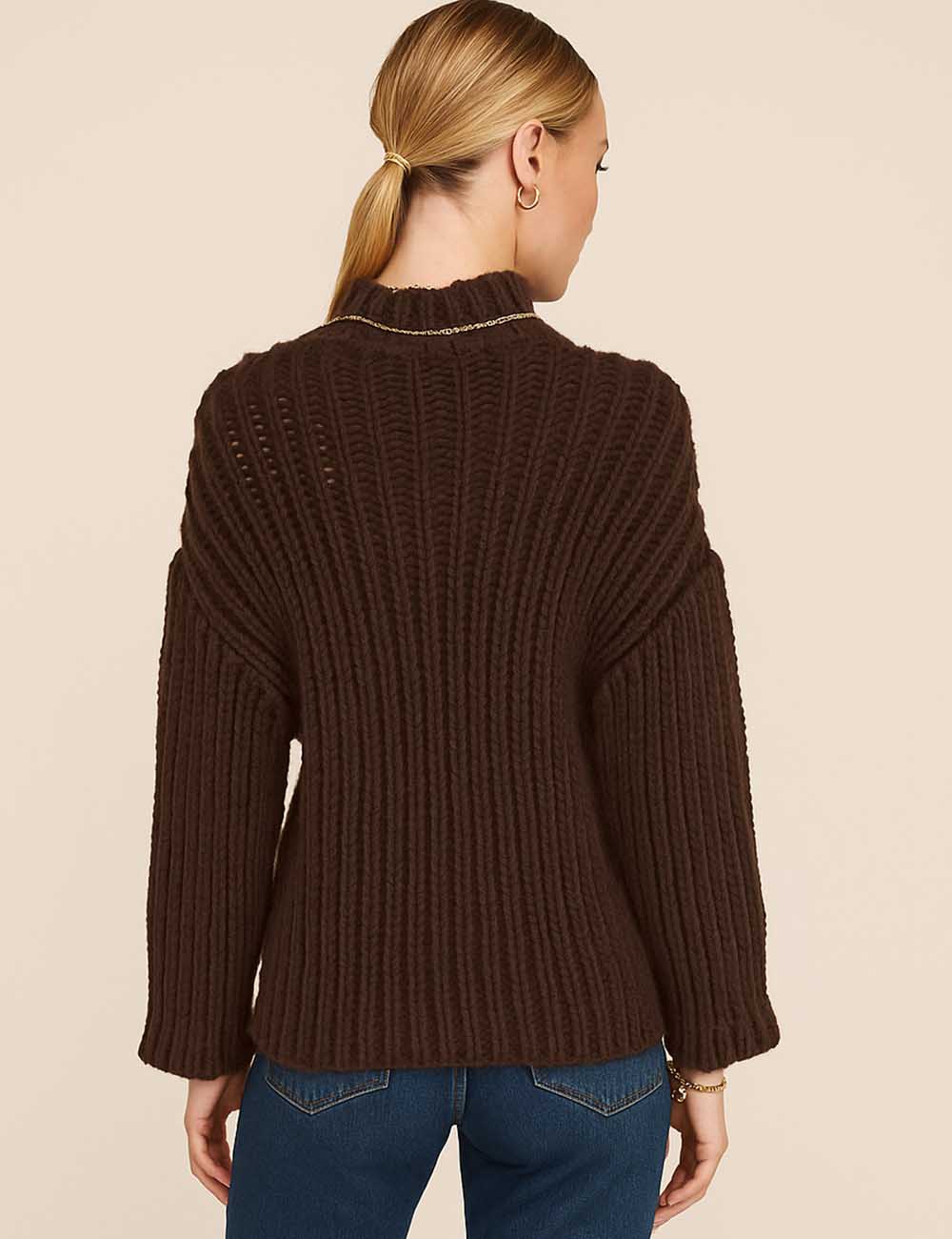 Ladies Mock Neck V-Shaped Eyelet Sweater Top