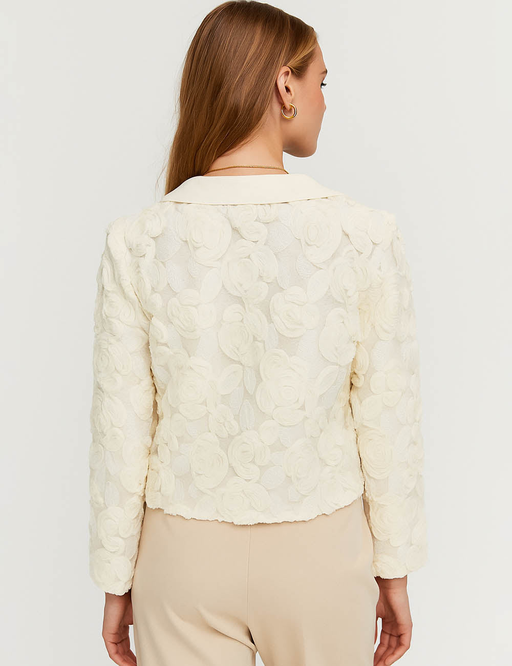 Ladies Solid Color 3D Floral Embroidery Button Down Jacket