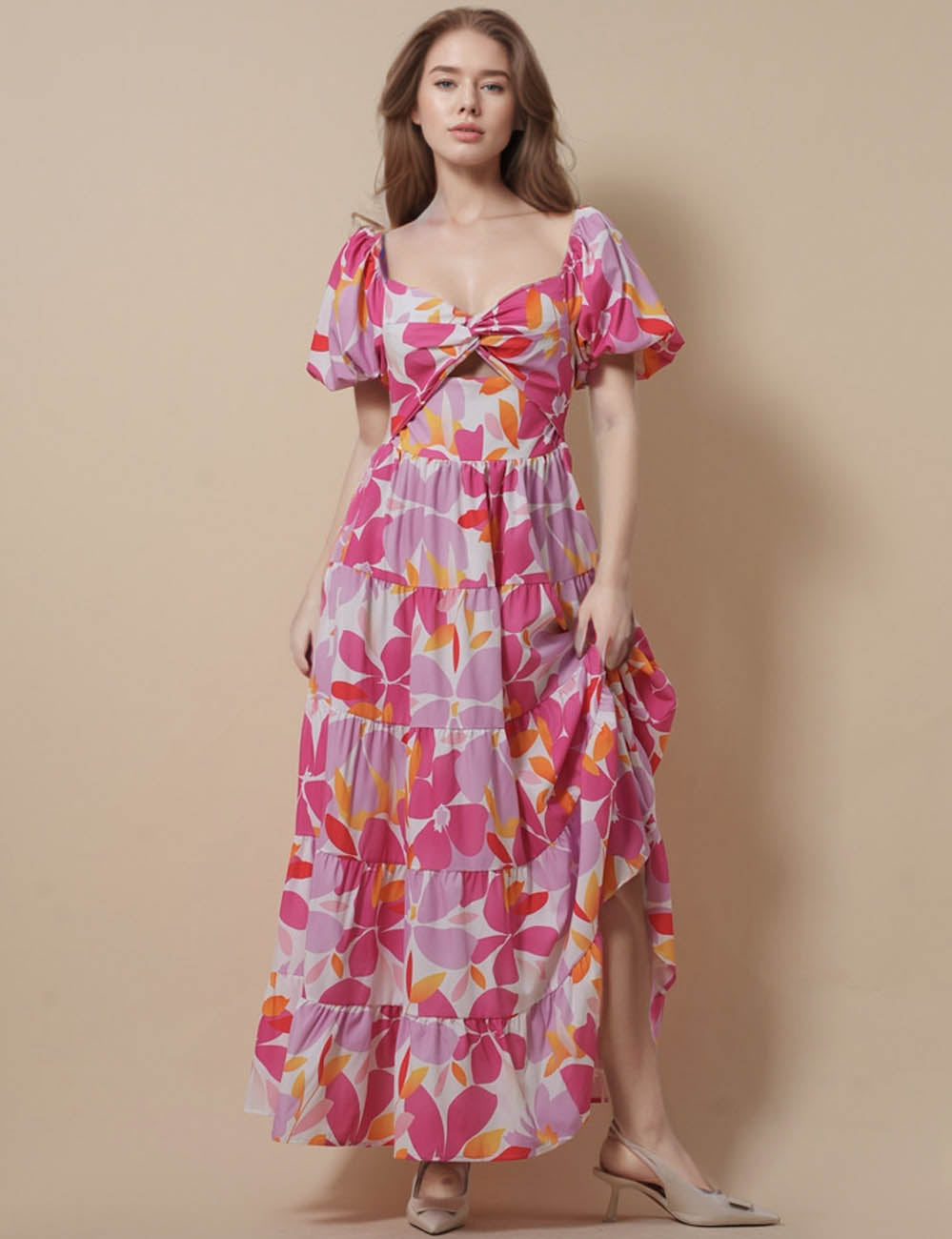 Ladies Off-Shoulder Puff Sleeves Floral Print Maxi Dress SKD51118