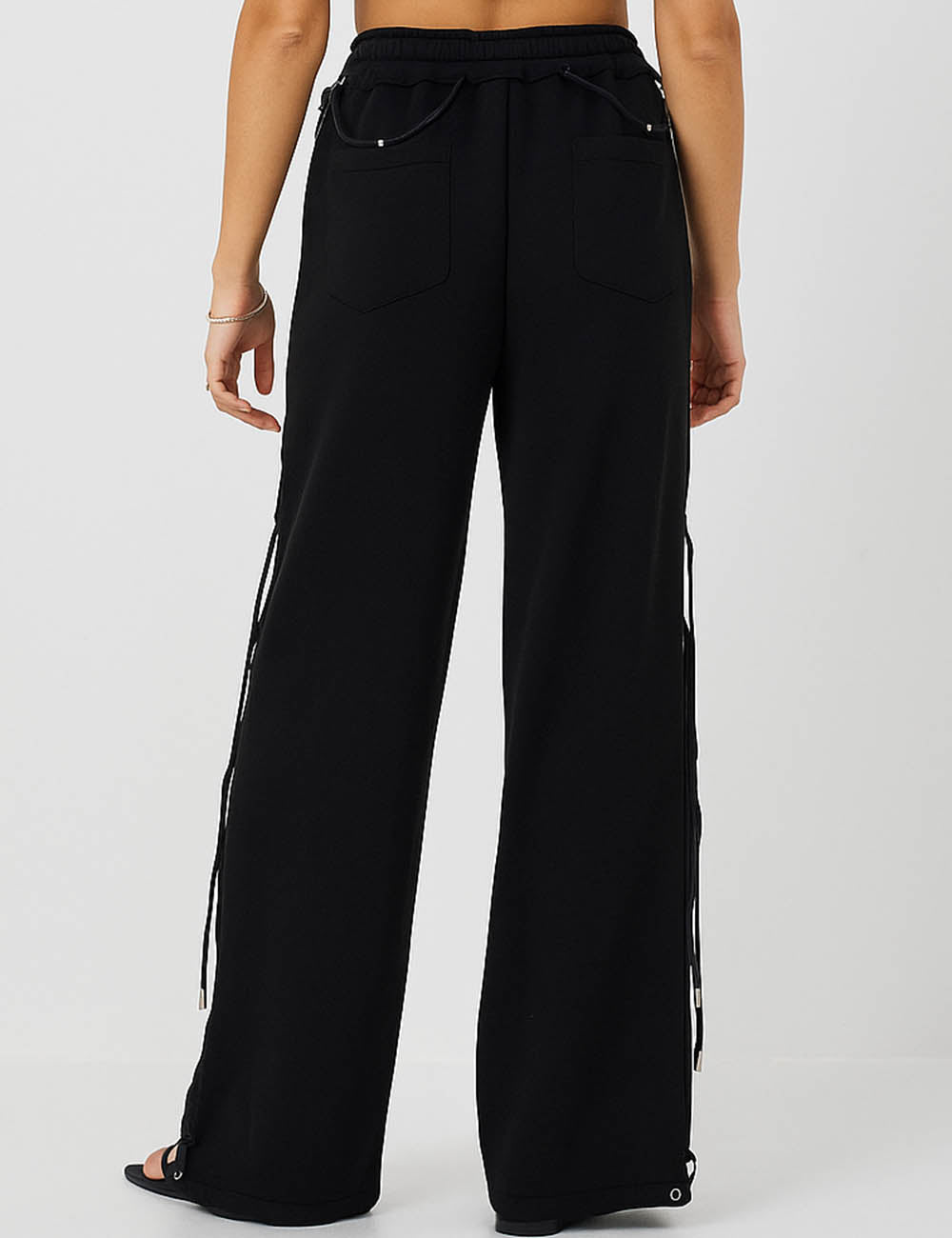 Ladies Drawstring Metal Toggle Elastic Waist Wide Leg Pants