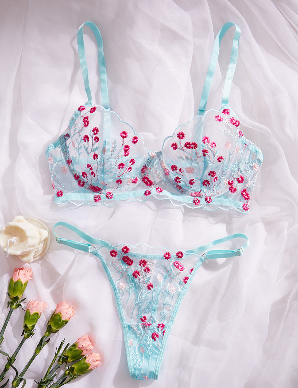 Ladies Color Block Floral Embroidery 2PCS Lingerie Set SKLG4037