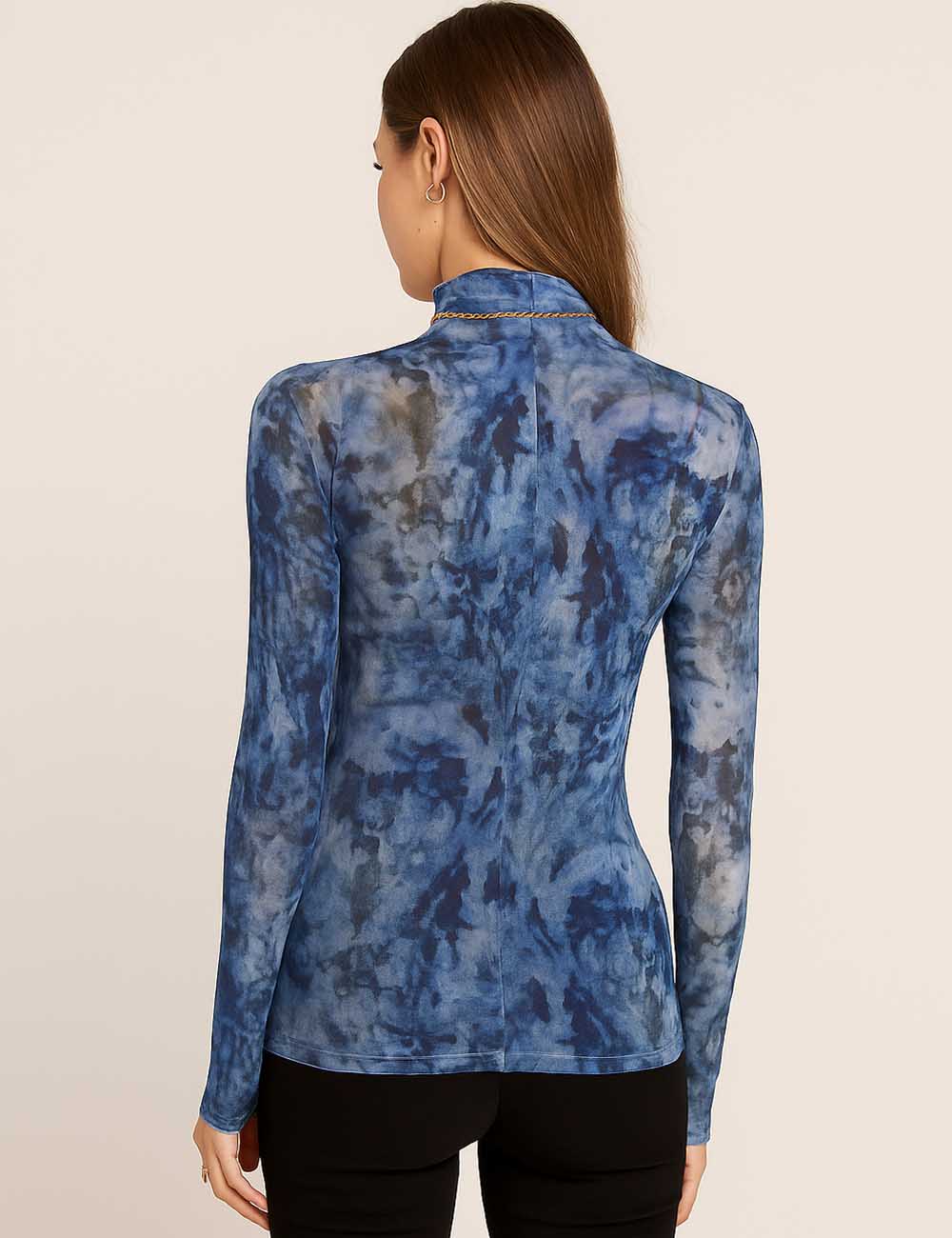Women Inregular Print Mesh Layring Top See Sheer Blouse
