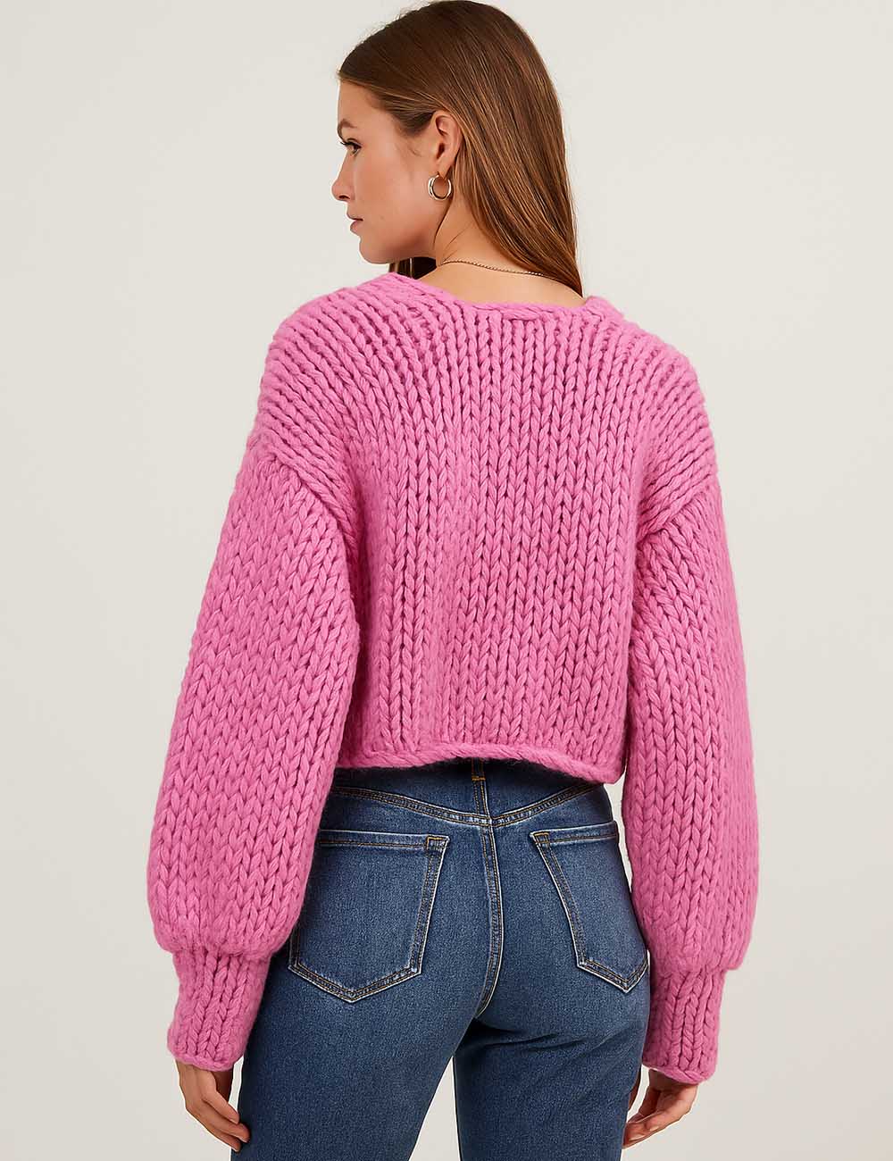 Ladies Open Front Puffly Sleeves Cropped Chunky Cardigan