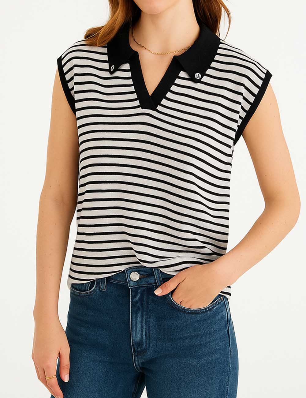 Ladies Scarf Polo Collar Sleeveless Knit Vest