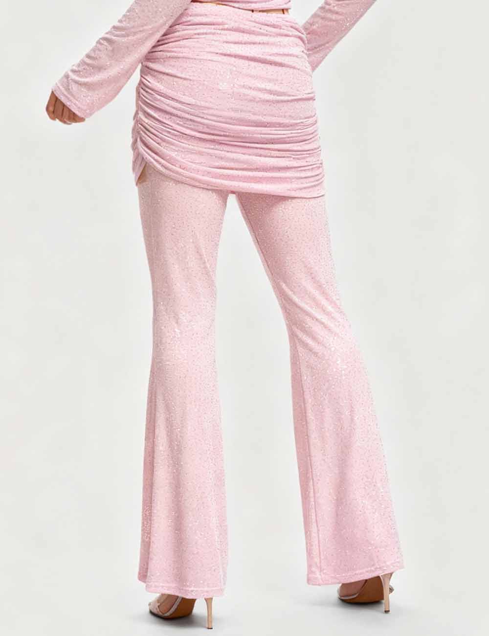 Ladies Rhinestone See Sheer Ruched Waist Flared Leg Pants