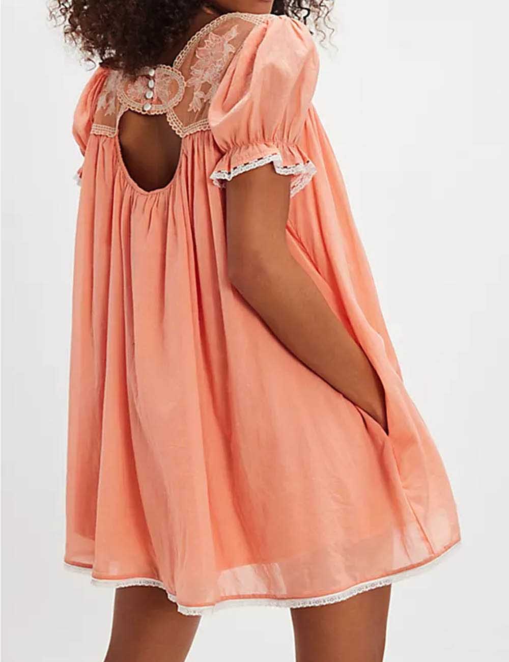 Ladies Color Block Lace Embroidery Short Sleeves Mini Dress