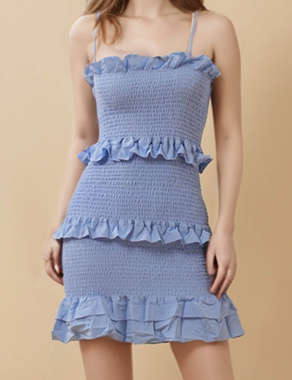 Ladies Solid Color Smocking Ruffle Hip Wrap Mini Dress