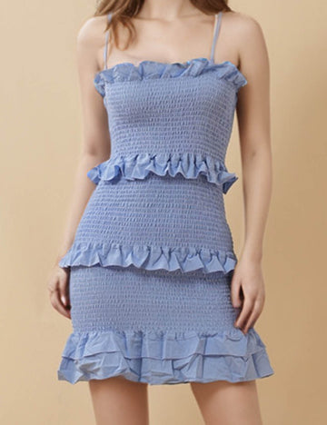 Ladies Solid Color Smocking Ruffle Hip Wrap Mini Dress