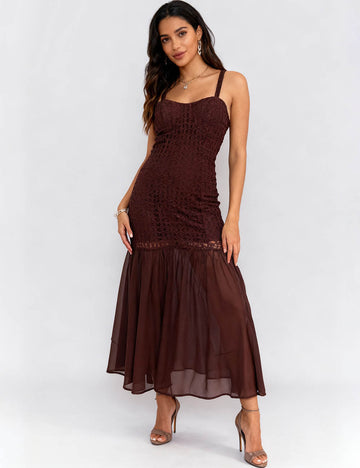 Ladies Crochet Bodice Cross-Back Mesh Hem Maxi Dress