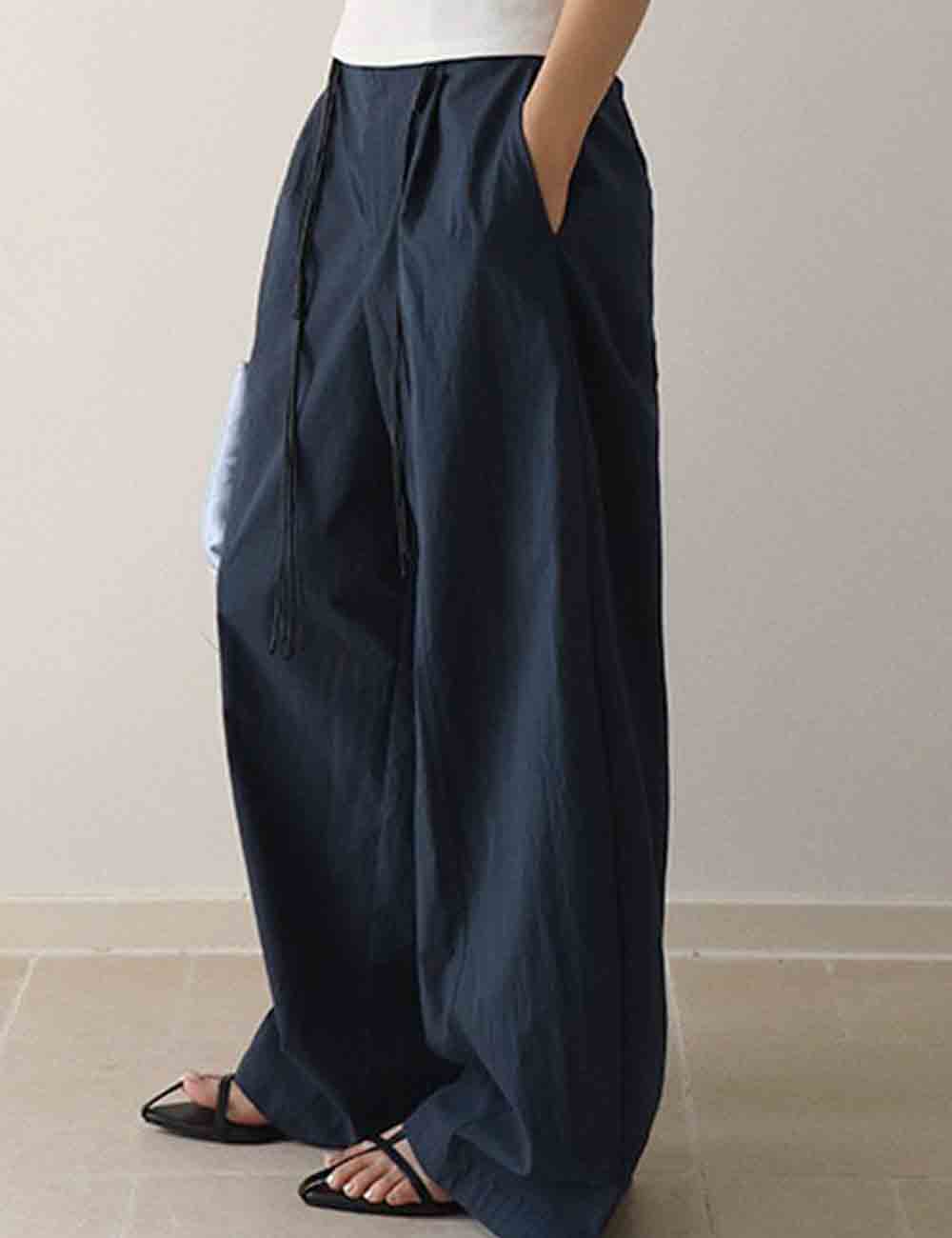 Ladies Solid Color String Tie Wide Leg Pants