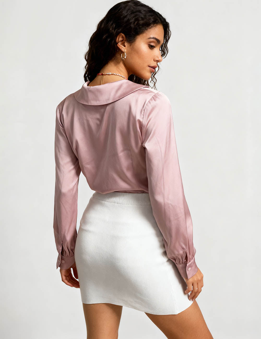 Ladies Satin Tie Neck Metal Buckle Long Sleeves Shirt