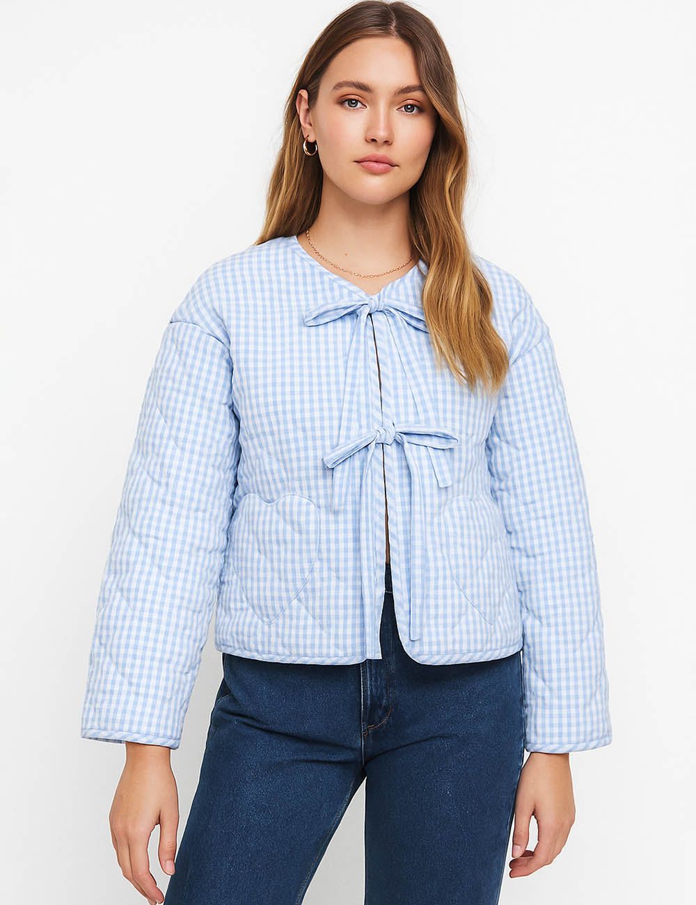 Ladies Plaid Print Tie Front Round Neck Quilted Cotton Jacket