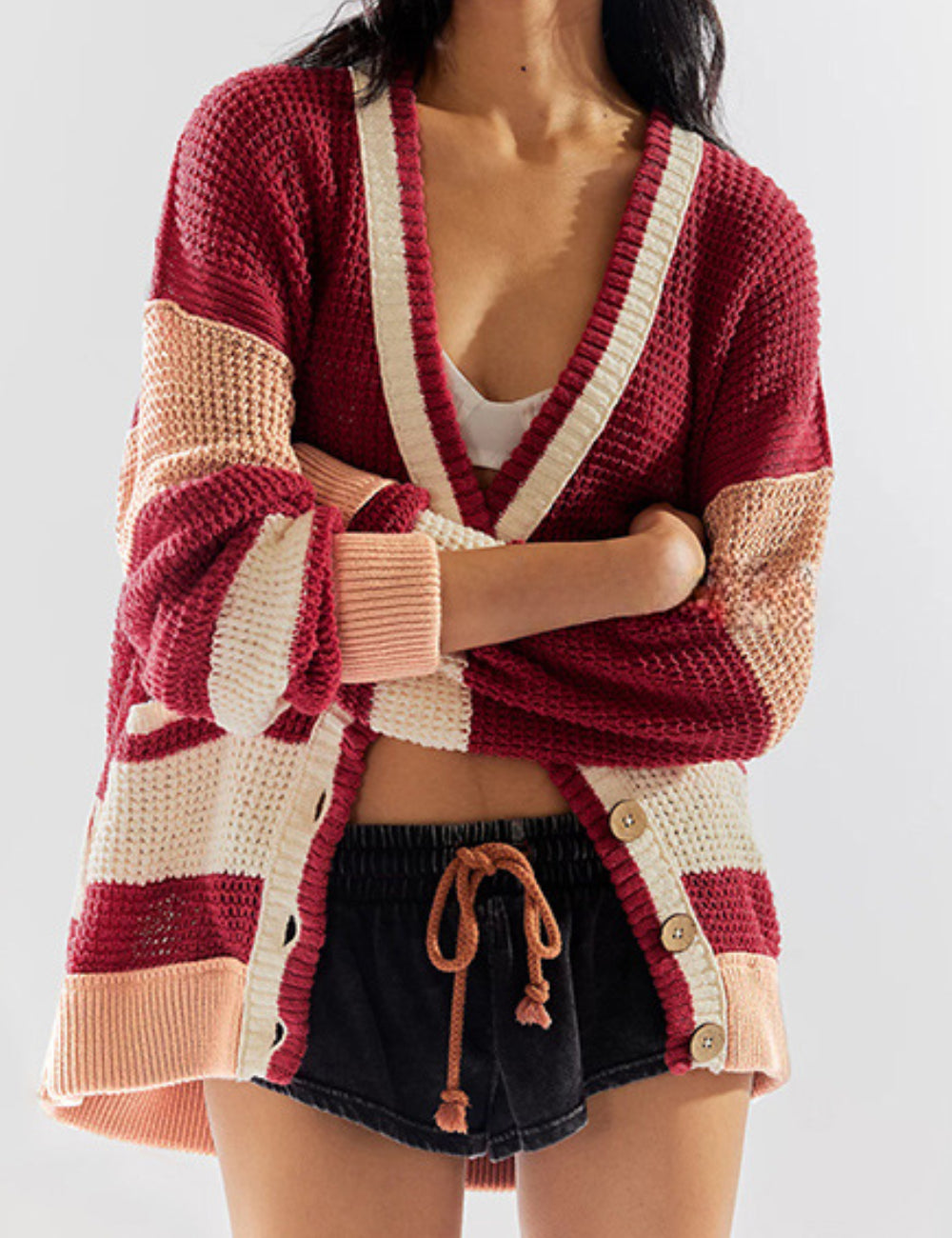 Ladies Color Block Botton Open Cardigan SKT41171