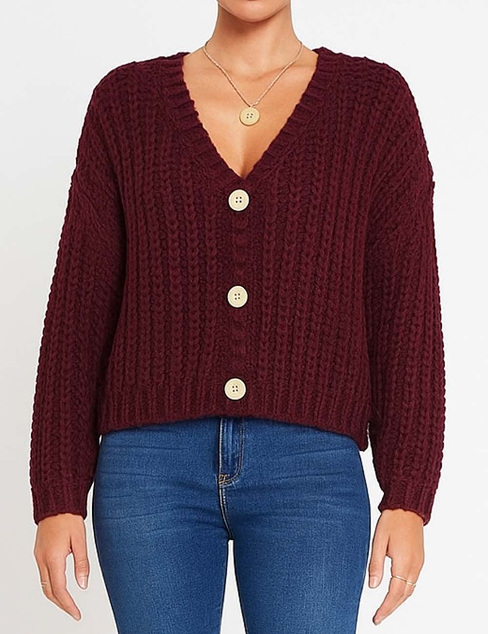 Ladies Chunky Knit V-Neck Button Front Sweater Cardigan