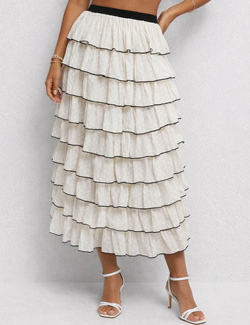 Ladies Chic Tiered Ruffle Elastic Waist Midi Skirt