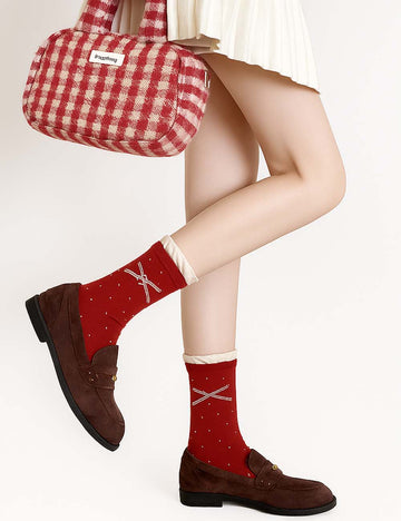 Ladies Color Block Dot Striped Bow Knit Midi Calf Socks