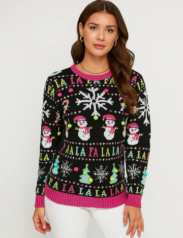 Ladies Christmas 2025 Snowflake & Snowman Holiday Sweater