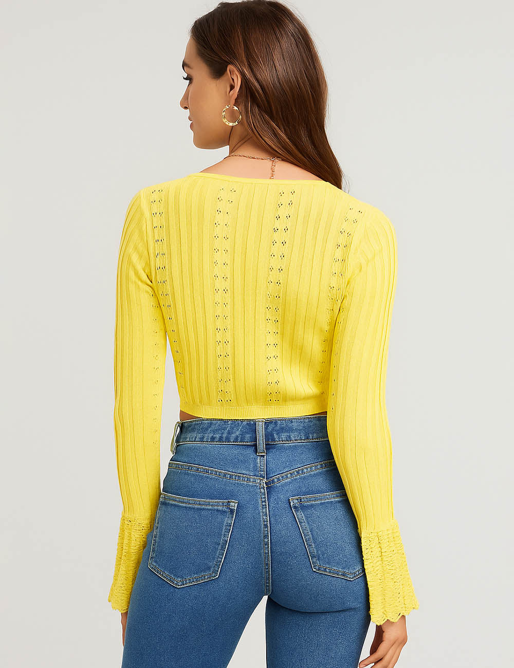 Ladies V-Neck Hollow Out Flared Sleeves Cropped Knit Top