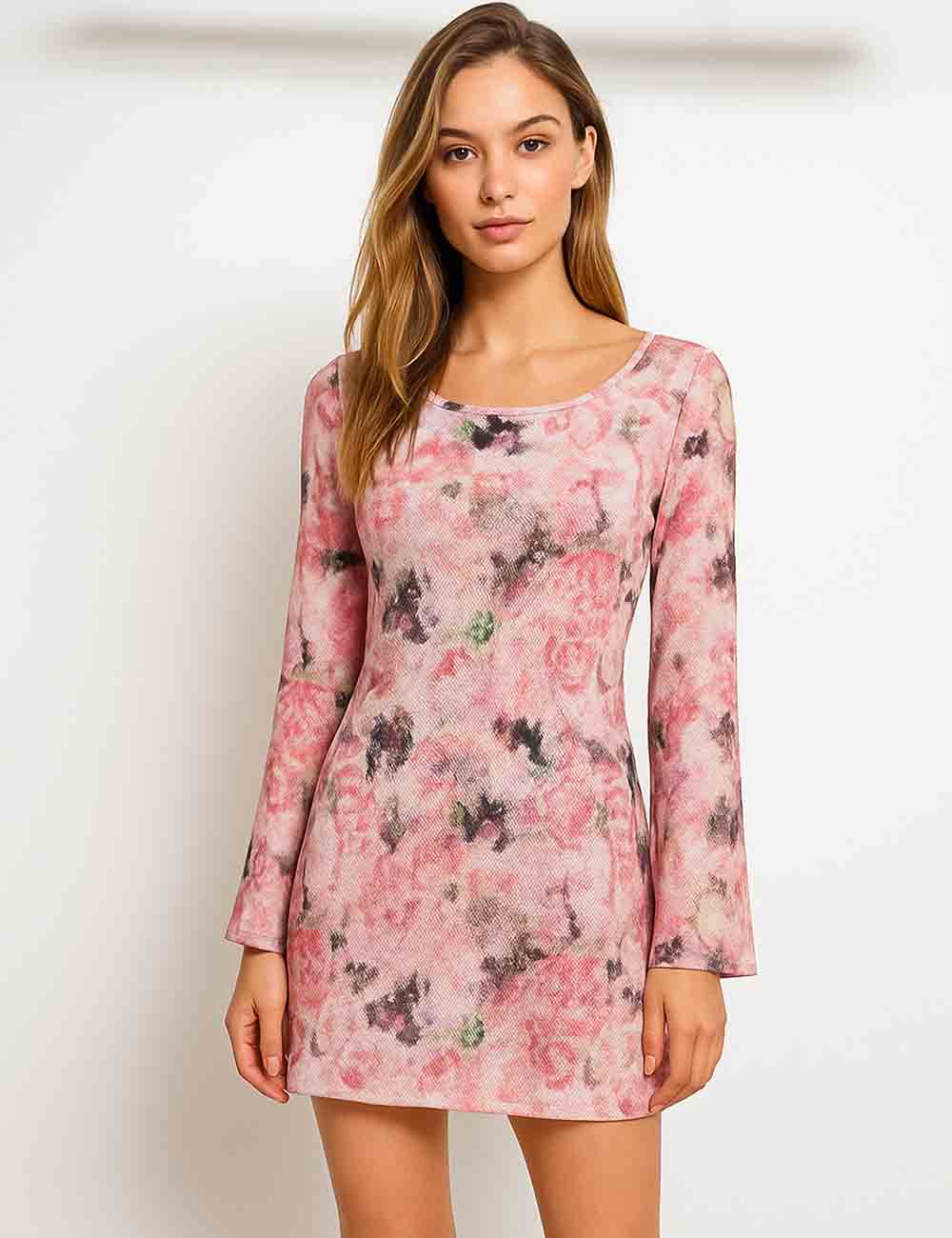 Ladies Floral Print Pullover Scoop Back Mini Dress