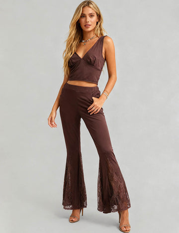 Ladies V-Neck Lace Flared Leg Tank Top & Pants 2PCS Set
