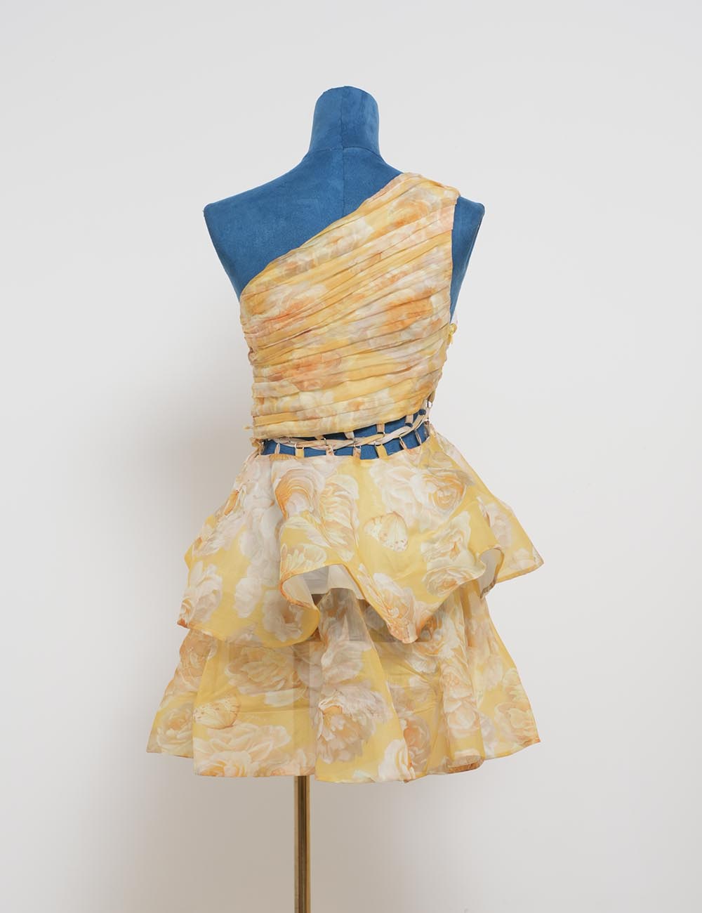 Ladies Floral Print Tie Waist Hollow Out One Shoulder Mini Dress