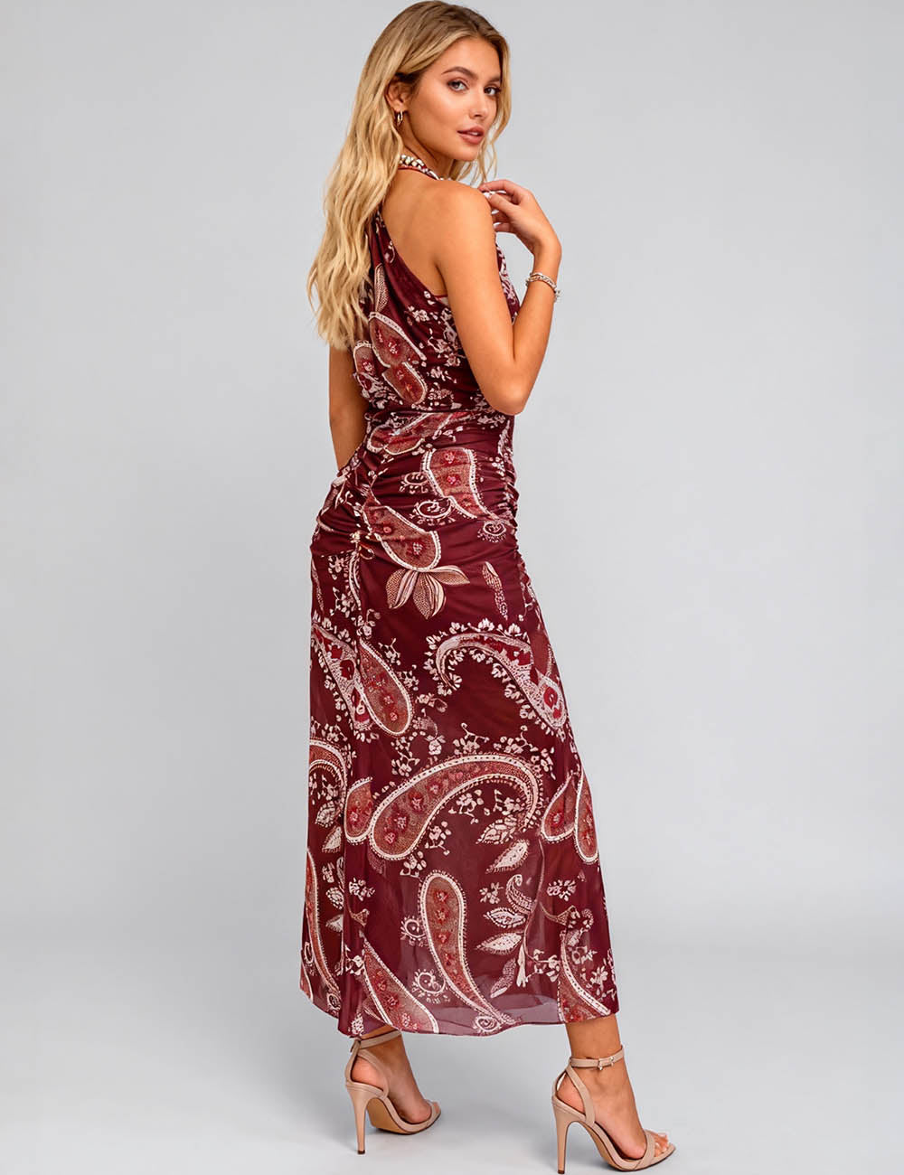Ladies Floral Print V-Neck Sleeveless Ruched Maxi Dress
