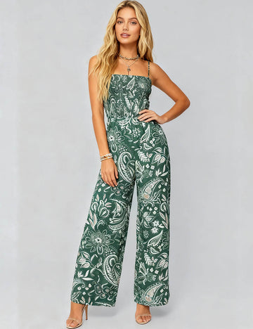 Ladies Floral Paisley Smocked Cami Wide Leg Jumpsuit