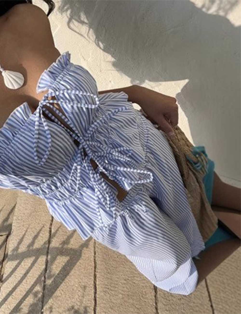 Ladies Color Block Striped String Tie Tube Top & Pants Set 