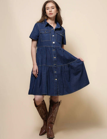 Ladies Turndown Collar Denim Mini Dress SKD50024