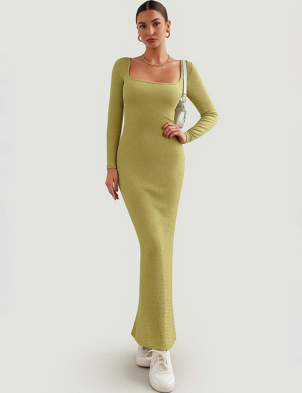 Ladies Square Neck Hip Wrap Knit Maxi Dress