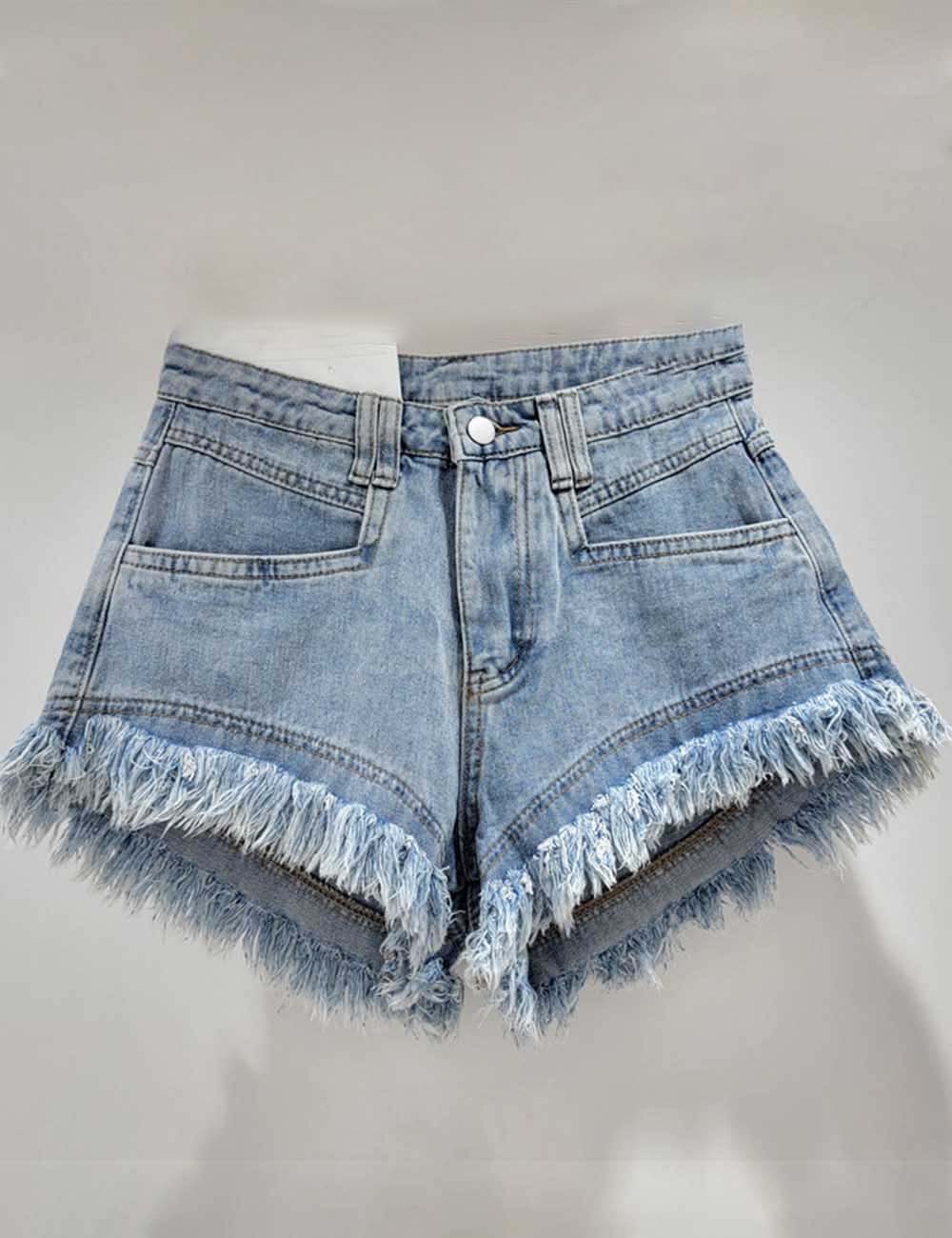 Ladies Solid Color Pocket Frayed Denim Shorts