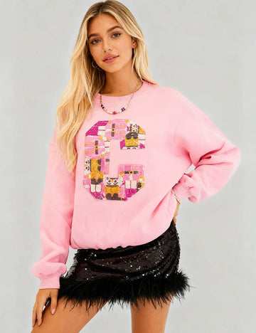 Ladies Letter C Sequin Round Neck Long Sleeves Sweatshirt