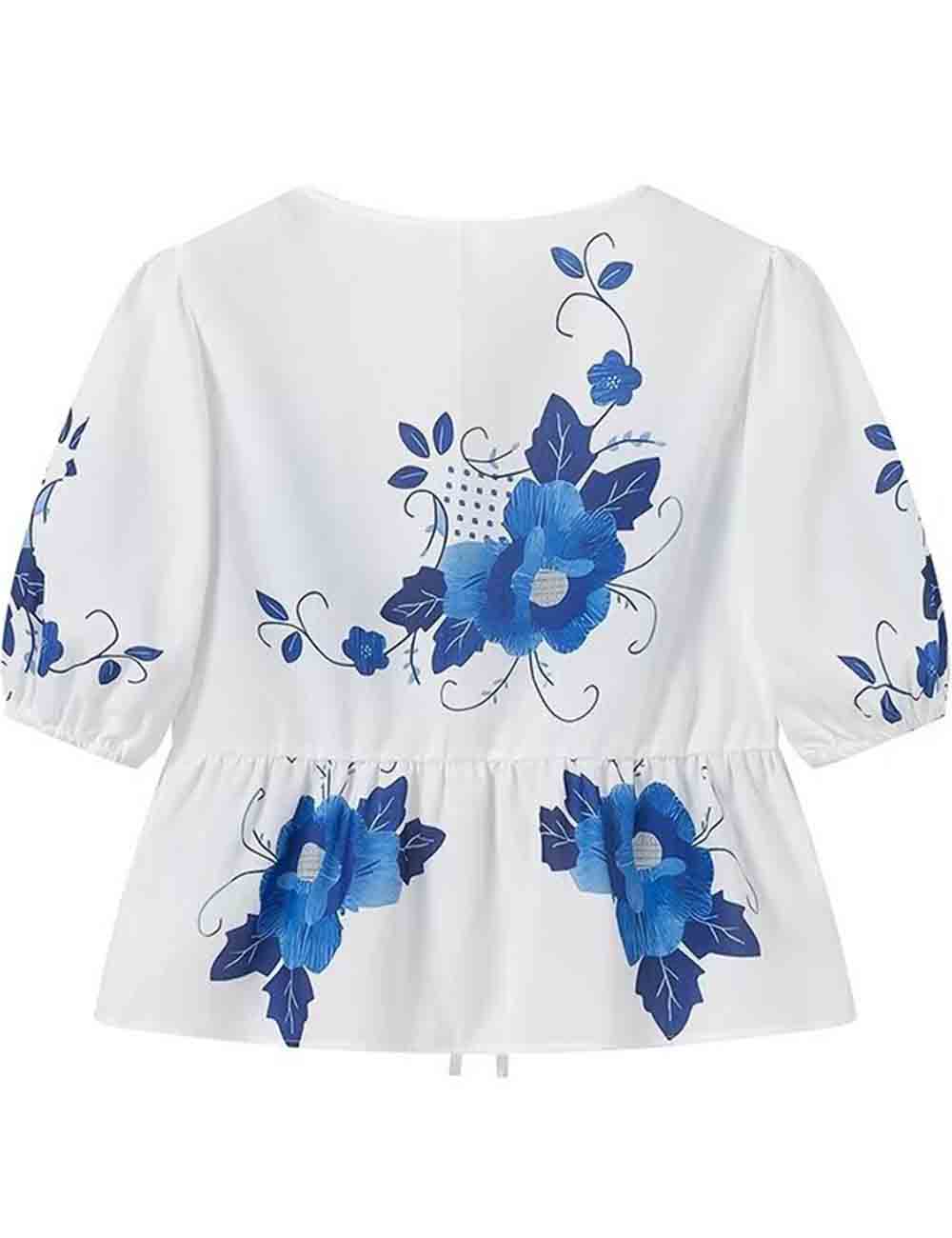 Ladies Floral Print Front Bowknot Short Sleeves Puff Blouse