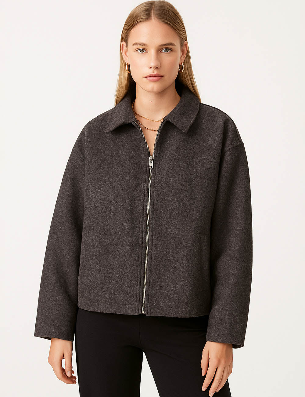 Ladies Wool-Blend Coat Zip-Up Turn Down Collar Jacket