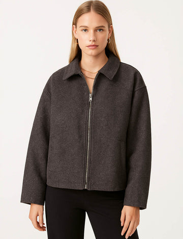 Ladies Wool-Blend Coat Zip-Up Turn Down Collar Jacket